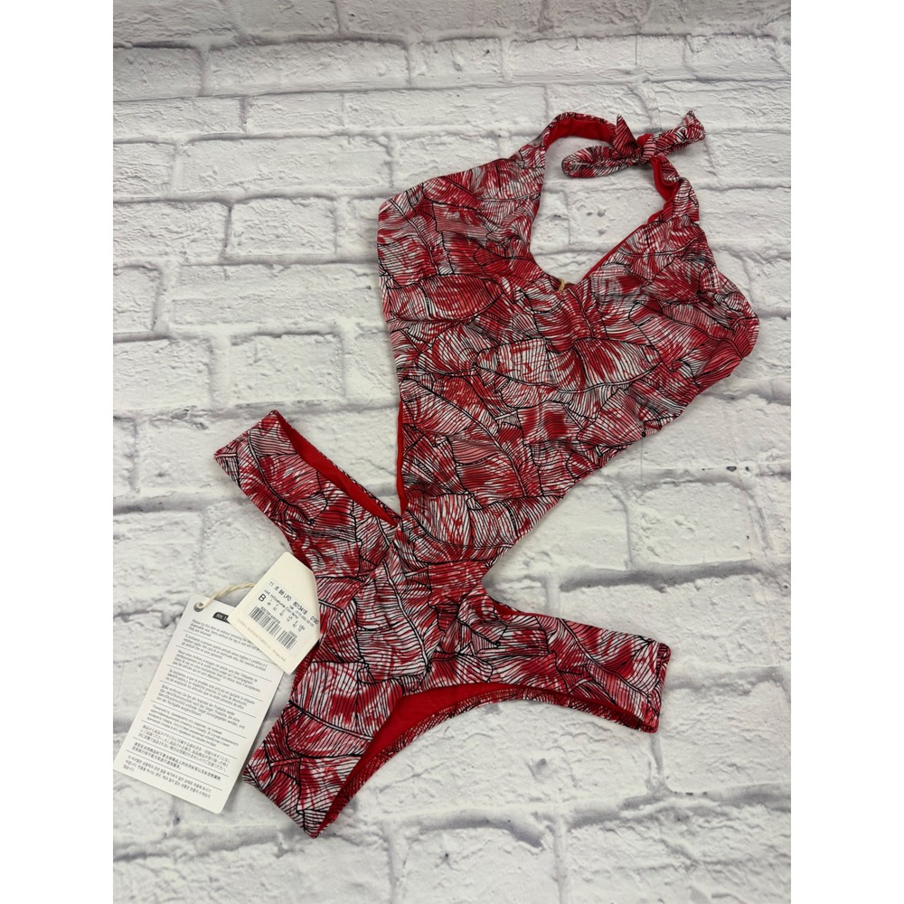 La Perla Red Tropical Trikini Cutout One Piece Swimsuit Halter NWT Sz 10 Beach - Picture 3 of 12